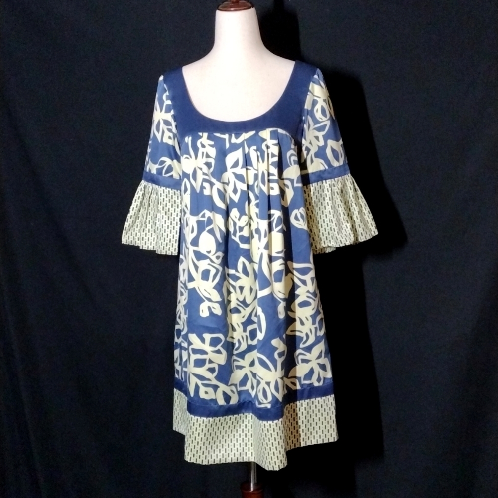 NWOT Max & Cleo Retro Style 3/4 Sleeve N. Blue & Pastel Yellow Midi Dress Sz 2